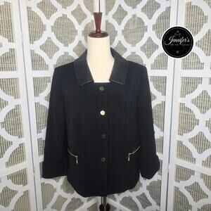 Tahari Arthur S. Levine Black Faux Leather Collar Gold Snap Button Cuff Blazer